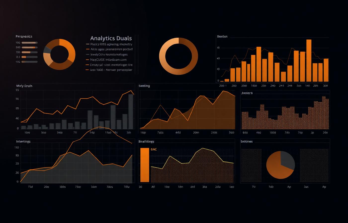 Analytical dashboard with layered charts, bar graphs, and pie charts in amber on dark