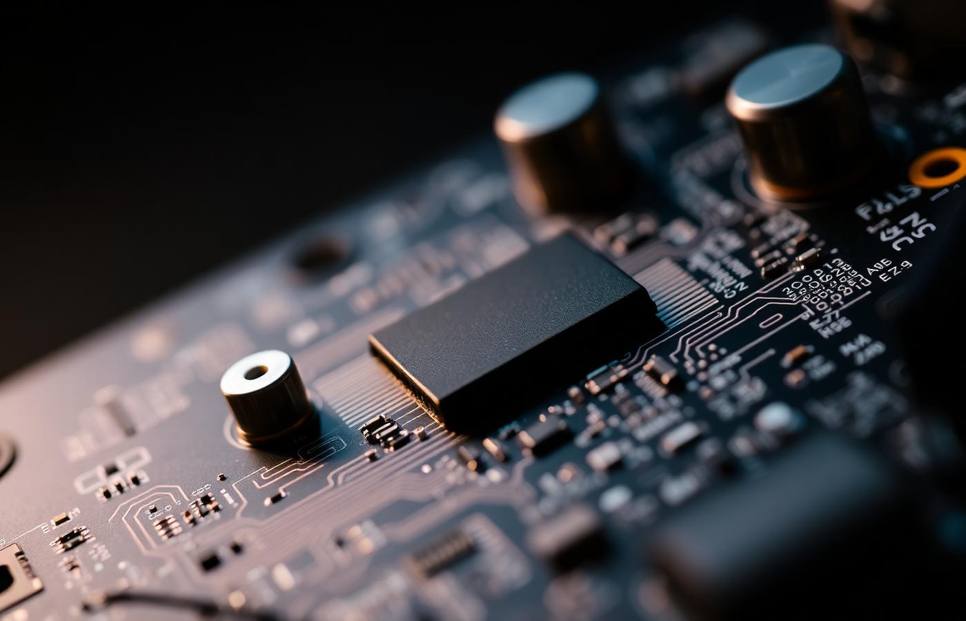 Macro close-up of a circuit board with capacitors and traces in dramatic side light