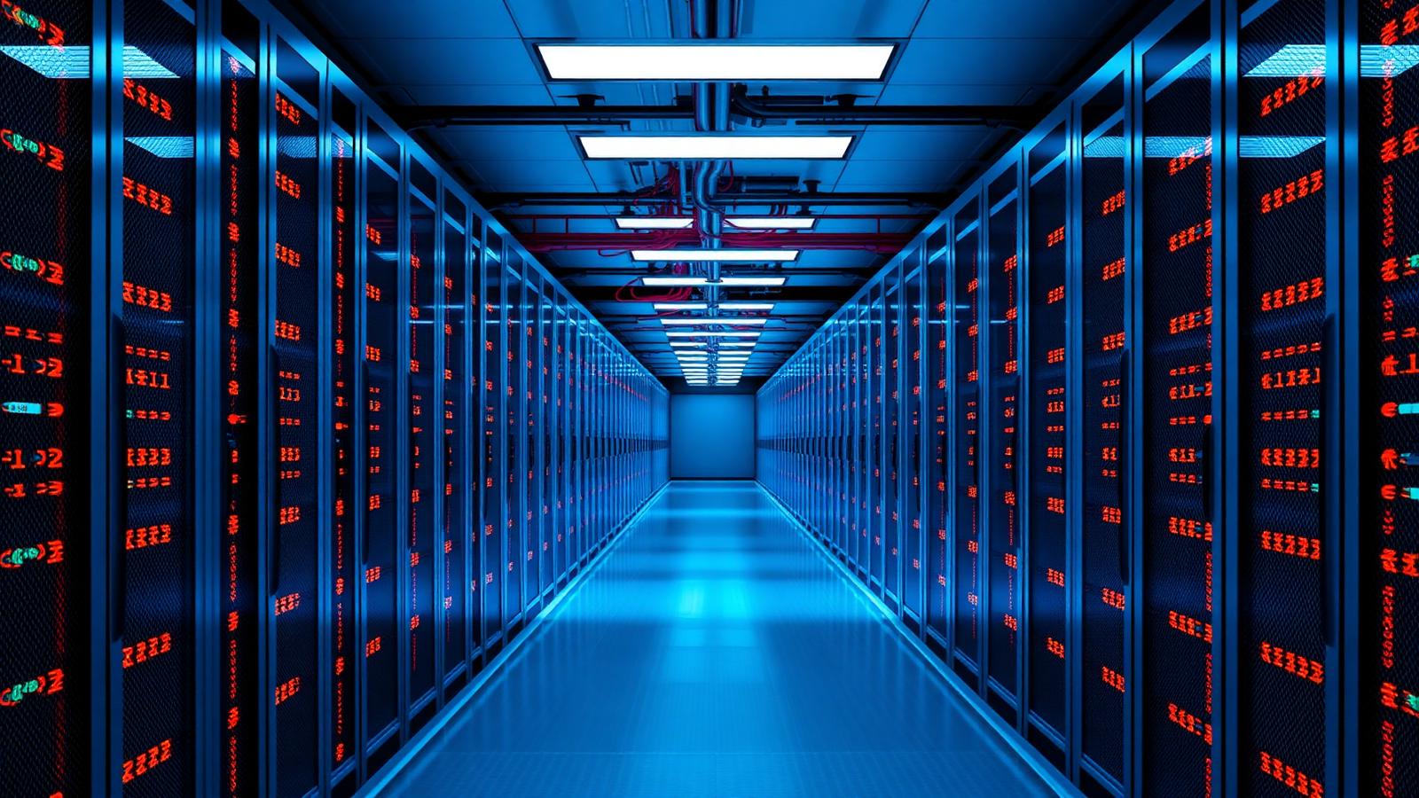 Symmetrical corridor of illuminated server racks in a large data center