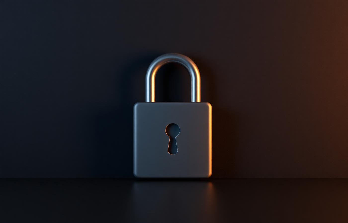 Sculptural metal padlock rendered against a dark textured background
