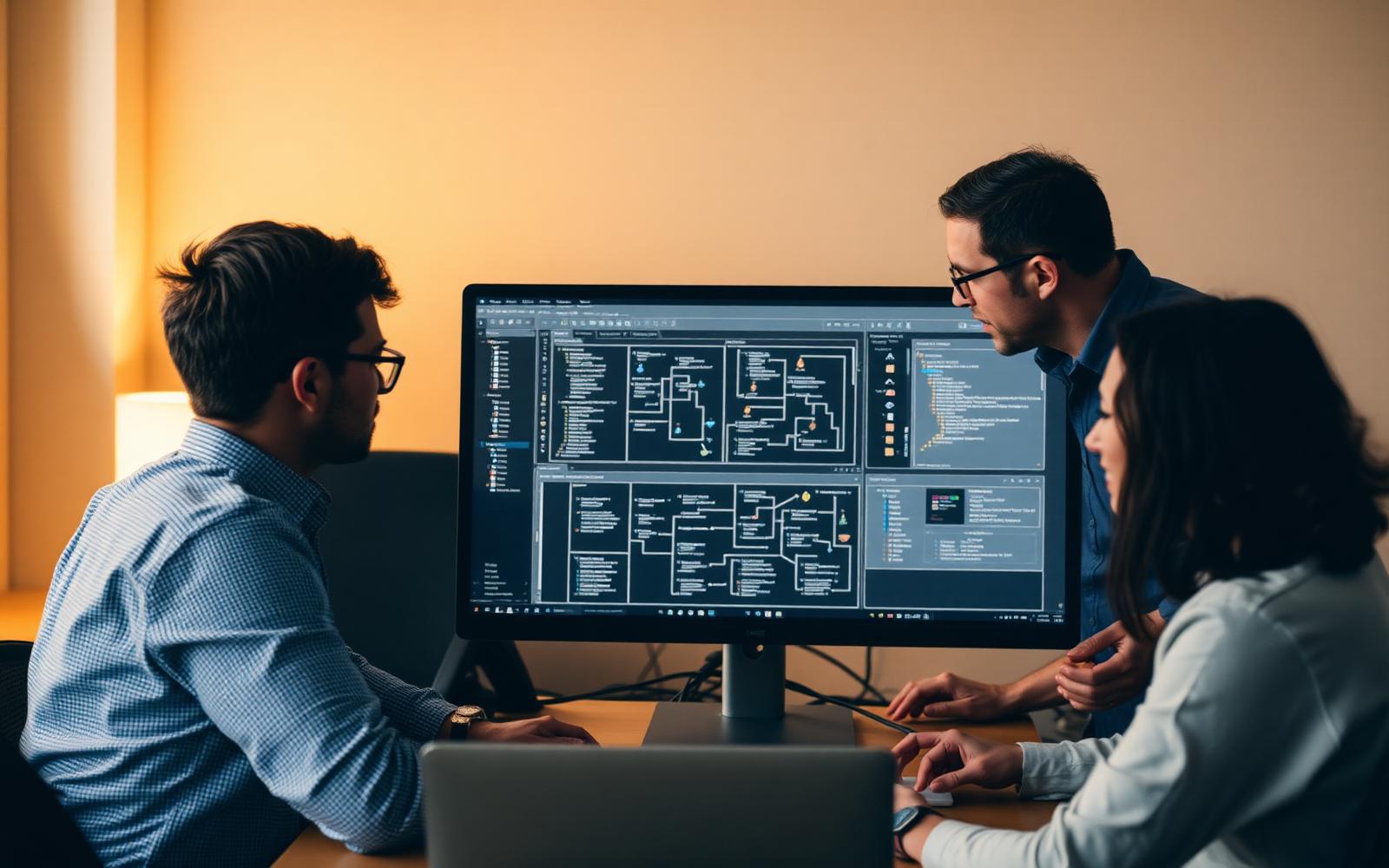 Engineers reviewing architecture diagrams on a shared monitor