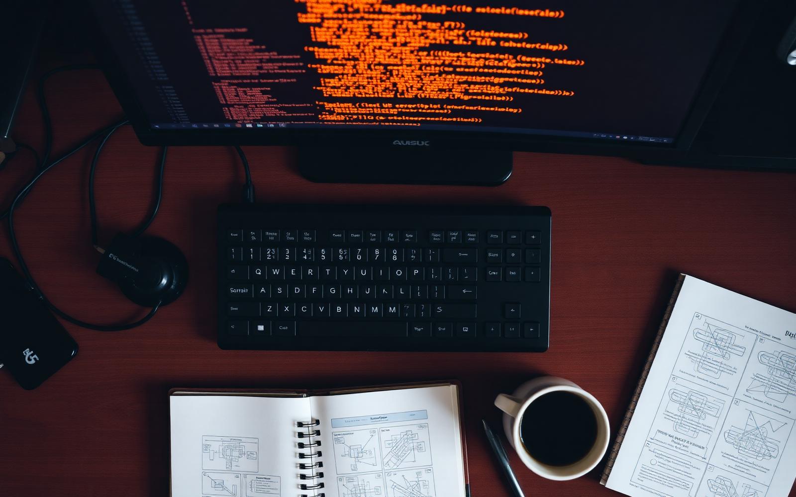 Overhead view of a developer's desk with keyboard, notebook, and technical diagrams